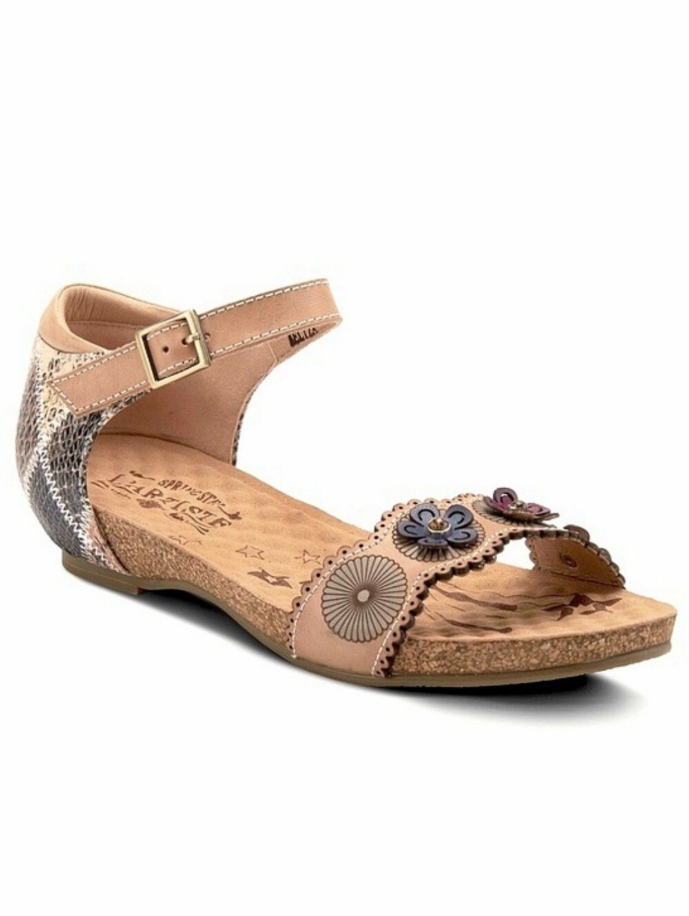 L’ARTISTE Meliza Ankle Strap Sandals Snake Embossed Flats Floral Boho